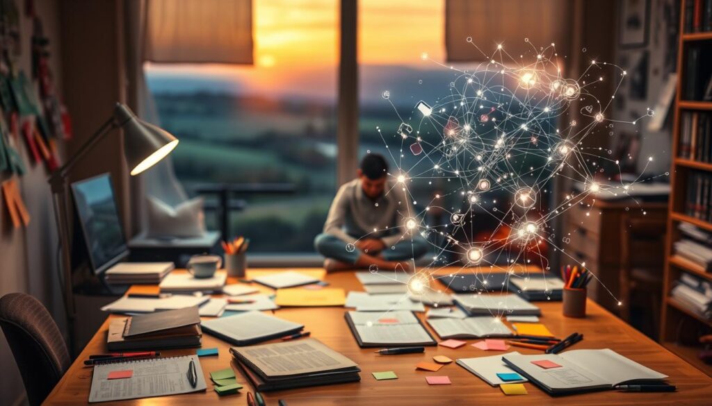 A cozy home office with a large wooden desk, littered with notebooks, pens, and colorful sticky notes. Soft, warm lighting from a floor lamp casts a gentle glow, inspiring a sense of introspection and creativity. In the foreground, a person sits cross-legged, deep in thought, surrounded by a swirl of abstract ideas and concepts manifesting as glowing, ethereal shapes. The background is a blurred, impressionistic landscape, hinting at the boundless wellspring of inspiration found in the everyday world. A cozy home office with a large wooden desk, littered with notebooks, pens, and colorful sticky notes. Soft, warm lighting from a floor lamp casts a gentle glow, inspiring a sense of introspection and creativity. In the foreground, a person sits cross-legged, deep in thought, surrounded by a swirl of abstract ideas and concepts manifesting as glowing, ethereal shapes. The background is a blurred, impressionistic landscape, hinting at the boundless wellspring of inspiration found in the everyday world.