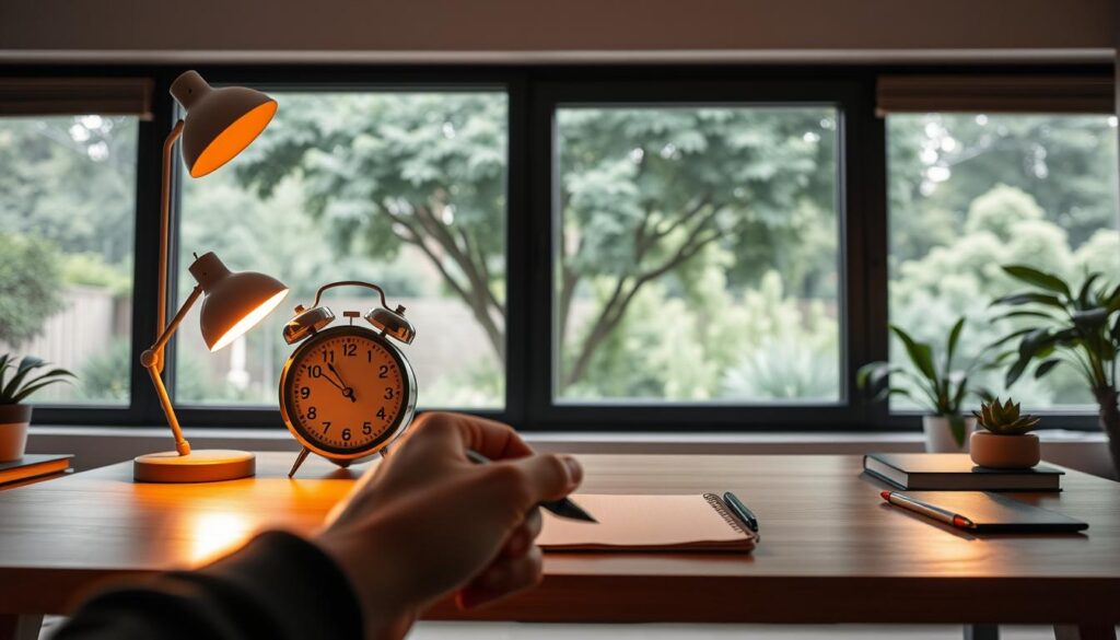 A cozy home office with a minimalist desk and a timer ticking away on it, casting warm, soft lighting across the scene. In the foreground, a hand reaches for a pen, ready to dive into a task. The background features a large window overlooking a lush, serene garden, creating a sense of calm and focus. The overall atmosphere is one of productivity, determination, and the satisfying feeling of progress achieved through the power of the 5-minute rule. A cozy home office with a minimalist desk and a timer ticking away on it, casting warm, soft lighting across the scene. In the foreground, a hand reaches for a pen, ready to dive into a task. The background features a large window overlooking a lush, serene garden, creating a sense of calm and focus. The overall atmosphere is one of productivity, determination, and the satisfying feeling of progress achieved through the power of the 5-minute rule.