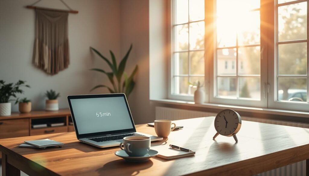 A cozy home office with a wooden desk, a modern laptop, and a timer set to 5 minutes. Sunlight streams in through large windows, casting a warm glow over the scene. On the desk, a cup of coffee and a few productivity-boosting items like a notebook and a pen. In the background, a minimalist wall hanging or a plant adds a touch of nature. The atmosphere is focused and calm, encouraging the viewer to dive into a productive 5-minute session. A cozy home office with a wooden desk, a modern laptop, and a timer set to 5 minutes. Sunlight streams in through large windows, casting a warm glow over the scene. On the desk, a cup of coffee and a few productivity-boosting items like a notebook and a pen. In the background, a minimalist wall hanging or a plant adds a touch of nature. The atmosphere is focused and calm, encouraging the viewer to dive into a productive 5-minute session.