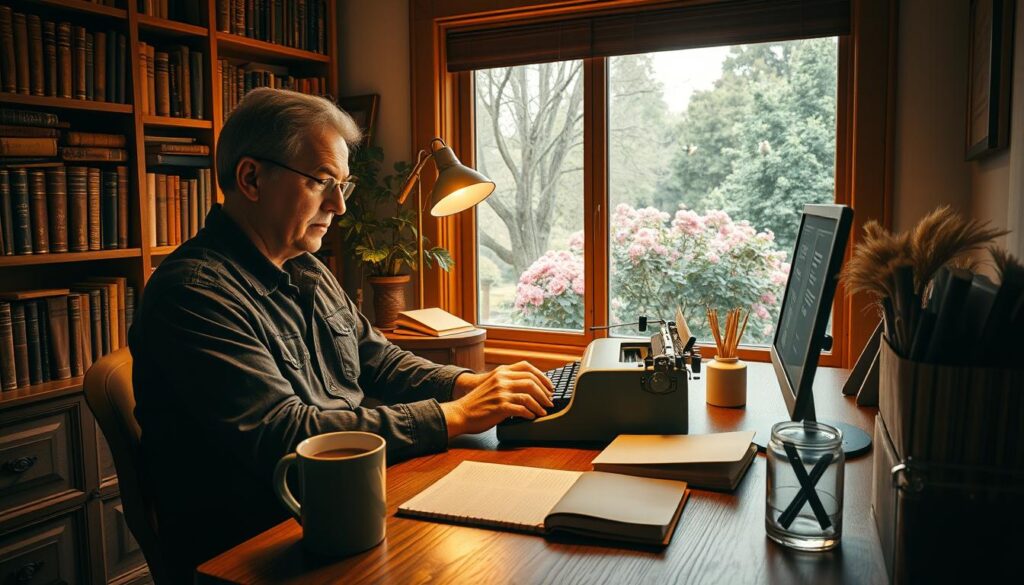 A cozy home office with an author sitting at a wooden desk, tapping away at a vintage typewriter. Warm lighting from a table lamp illuminates the scene, casting a soft, focused glow. Bookshelves line the walls, filled with leather-bound volumes and dog-eared manuscripts. A mug of steaming coffee sits beside the keyboard, accompanied by a well-worn notebook and a jar of sharpened pencils. The author's brow is furrowed in concentration, their eyes fixed on the screen as they work through their daily writing routine. In the background, a large window offers a view of a tranquil garden, where birds flit among the blooming flowers, providing a serene backdrop to the creative process. A cozy home office with an author sitting at a wooden desk, tapping away at a vintage typewriter. Warm lighting from a table lamp illuminates the scene, casting a soft, focused glow. Bookshelves line the walls, filled with leather-bound volumes and dog-eared manuscripts. A mug of steaming coffee sits beside the keyboard, accompanied by a well-worn notebook and a jar of sharpened pencils. The author's brow is furrowed in concentration, their eyes fixed on the screen as they work through their daily writing routine. In the background, a large window offers a view of a tranquil garden, where birds flit among the blooming flowers, providing a serene backdrop to the creative process.