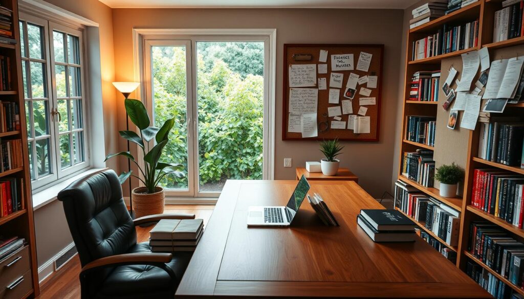 A cozy home office with an expansive wooden desk, a comfortable leather chair, and a large window overlooking a lush green garden. The desk is adorned with a sleek laptop, a stack of neatly organized notebooks, and a thoughtfully placed potted plant. Soft, warm lighting casts a gentle glow, creating a serene and focused atmosphere. The walls are lined with bookshelves filled with volumes on self-improvement and personal development. A corkboard on the wall displays a carefully curated collection of notes, goals, and milestones, reflecting the owner's commitment to their growth and progress. A cozy home office with an expansive wooden desk, a comfortable leather chair, and a large window overlooking a lush green garden. The desk is adorned with a sleek laptop, a stack of neatly organized notebooks, and a thoughtfully placed potted plant. Soft, warm lighting casts a gentle glow, creating a serene and focused atmosphere. The walls are lined with bookshelves filled with volumes on self-improvement and personal development. A corkboard on the wall displays a carefully curated collection of notes, goals, and milestones, reflecting the owner's commitment to their growth and progress.