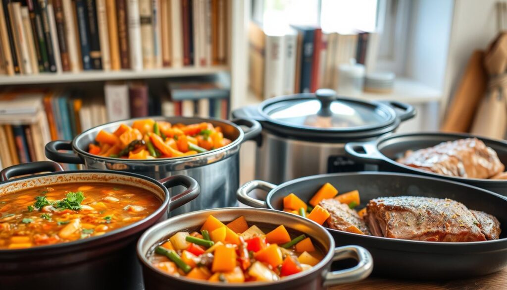A cozy kitchen counter showcases an array of healthy, one-pot dinner dishes. In the foreground, a Dutch oven simmers with a hearty, aromatic stew, garnished with fresh herbs. Beside it, a cast-iron skillet sizzles with a vibrant vegetable medley, seasoned to perfection. In the middle ground, a slow cooker steams with a savory pot roast, surrounded by tender root vegetables. The background features a bookshelf filled with dog-eared cookbooks, hinting at the culinary expertise of the home cook. Soft, natural lighting filters through the kitchen window, creating a warm, inviting atmosphere. This image captures the essence of delicious, fuss-free one-pot dinner options that minimize cleanup time. A cozy kitchen counter showcases an array of healthy, one-pot dinner dishes. In the foreground, a Dutch oven simmers with a hearty, aromatic stew, garnished with fresh herbs. Beside it, a cast-iron skillet sizzles with a vibrant vegetable medley, seasoned to perfection. In the middle ground, a slow cooker steams with a savory pot roast, surrounded by tender root vegetables. The background features a bookshelf filled with dog-eared cookbooks, hinting at the culinary expertise of the home cook. Soft, natural lighting filters through the kitchen window, creating a warm, inviting atmosphere. This image captures the essence of delicious, fuss-free one-pot dinner options that minimize cleanup time.