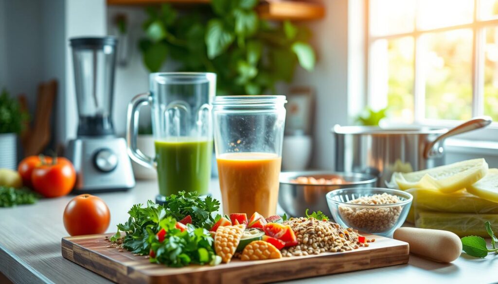 A cozy kitchen filled with wholesome ingredients and warm, natural lighting. In the foreground, a wooden cutting board showcases freshly chopped vegetables, herbs, and whole grains. Mid-ground, a blender whirs, blending a vibrant smoothie, while a saucepan simmers with a nourishing stew. In the background, a window overlooks a lush garden, bathing the scene in a soft, golden glow. The overall atmosphere is one of nourishment, simplicity, and mindful preparation, perfectly capturing the essence of healthy, wholesome snacks to fuel a busy day. A cozy kitchen filled with wholesome ingredients and warm, natural lighting. In the foreground, a wooden cutting board showcases freshly chopped vegetables, herbs, and whole grains. Mid-ground, a blender whirs, blending a vibrant smoothie, while a saucepan simmers with a nourishing stew. In the background, a window overlooks a lush garden, bathing the scene in a soft, golden glow. The overall atmosphere is one of nourishment, simplicity, and mindful preparation, perfectly capturing the essence of healthy, wholesome snacks to fuel a busy day.