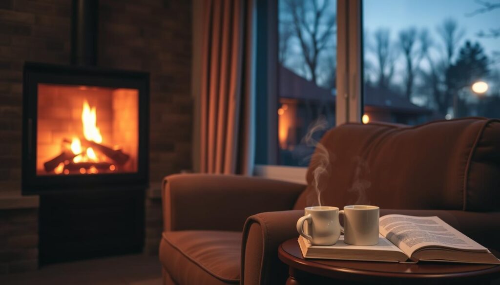 A cozy living room at dusk, the warm glow of a fireplace casting a soft light across a well-worn armchair. On the side table, a steaming mug of tea and an open book, hinting at an evening of quiet contemplation. Through the window, the silhouettes of trees against a dusky sky, suggesting the peaceful transition from day to night. The scene conveys a sense of tranquility and mindful retreat, the perfect setting for a moment of personal reflection and habit-building.