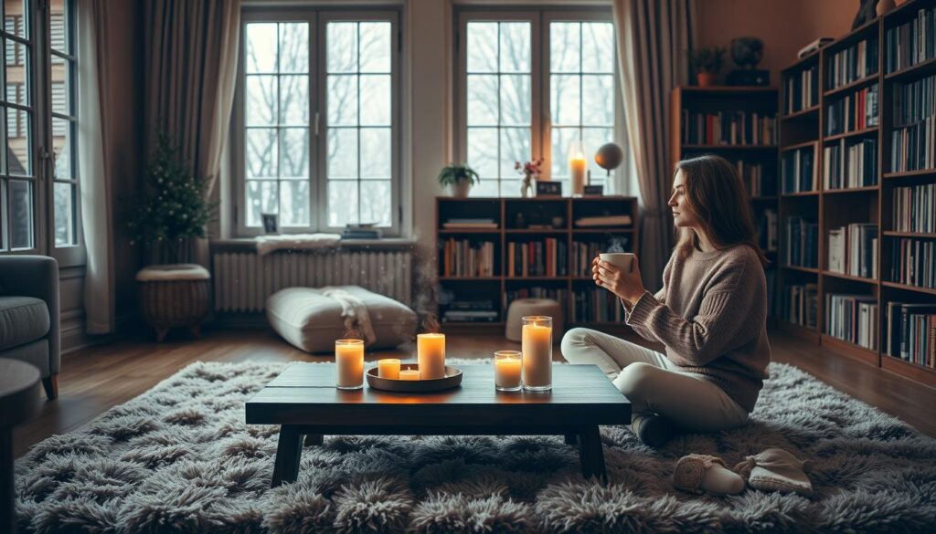A cozy living room bathed in warm, soft lighting. In the foreground, a woman sits cross-legged on a plush, neutral-toned rug, holding a steaming mug of tea. Candles flicker on a low wooden coffee table, casting a gentle glow. Bookshelves line the walls, filled with well-worn volumes. Outside the window, snowflakes drift lazily down, creating a serene winter scene. The atmosphere is one of tranquility and introspection, inviting the viewer to pause and savor the simple pleasures of self-care rituals. A cozy living room bathed in warm, soft lighting. In the foreground, a woman sits cross-legged on a plush, neutral-toned rug, holding a steaming mug of tea. Candles flicker on a low wooden coffee table, casting a gentle glow. Bookshelves line the walls, filled with well-worn volumes. Outside the window, snowflakes drift lazily down, creating a serene winter scene. The atmosphere is one of tranquility and introspection, inviting the viewer to pause and savor the simple pleasures of self-care rituals.