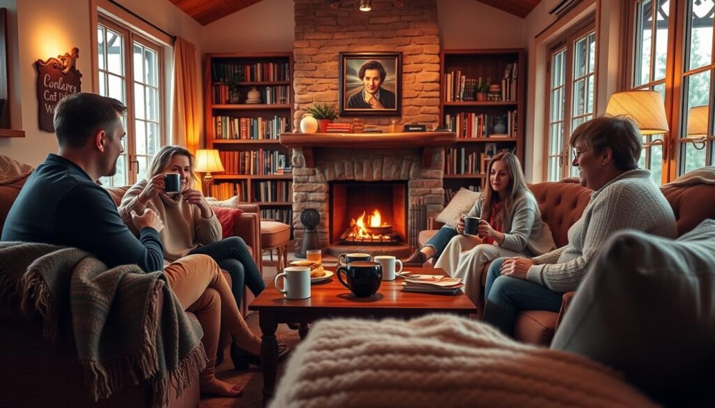 A cozy living room with a warm fireplace, soft lighting, and plush furniture. In the foreground, a group of friends gathered around a coffee table, engaged in conversation and sipping steaming mugs. Throw blankets, pillows, and a crackling fire create a relaxed, inviting atmosphere. In the middle ground, bookshelves line the walls, hinting at a sense of intellectual discourse. The background features large windows, allowing natural light to filter in and illuminating the scene. This image evokes a sense of intimacy, connection, and the comfort of sharing a moment with loved ones. A cozy living room with a warm fireplace, soft lighting, and plush furniture. In the foreground, a group of friends gathered around a coffee table, engaged in conversation and sipping steaming mugs. Throw blankets, pillows, and a crackling fire create a relaxed, inviting atmosphere. In the middle ground, bookshelves line the walls, hinting at a sense of intellectual discourse. The background features large windows, allowing natural light to filter in and illuminating the scene. This image evokes a sense of intimacy, connection, and the comfort of sharing a moment with loved ones.