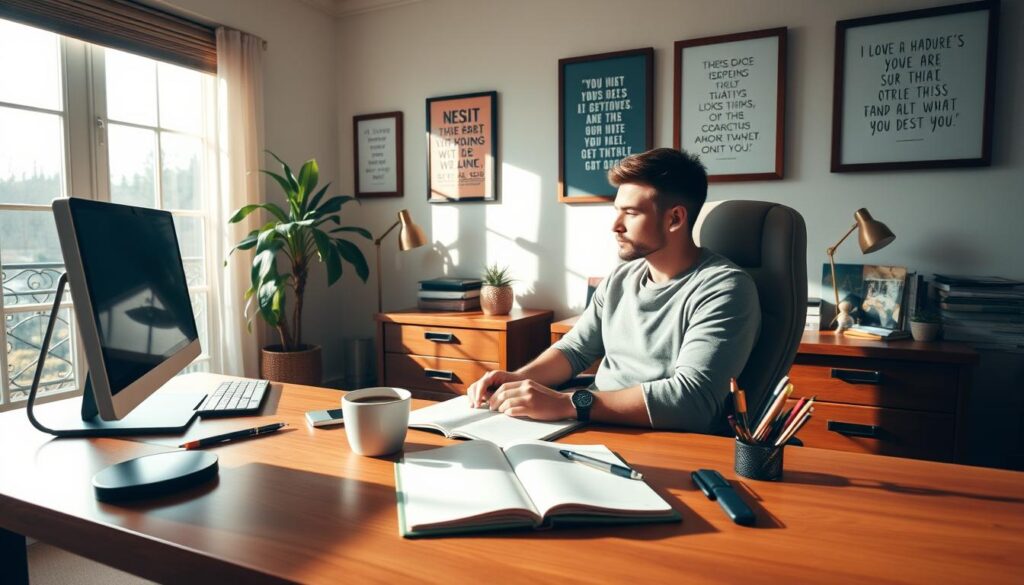 A cozy, sun-drenched home office, with a large, wooden desk and plush, ergonomic chair. On the desk, an open notebook, a cup of steaming coffee, and an array of writing implements. Framed inspirational quotes adorn the walls, and a potted plant adds a touch of nature. The lighting is soft and warm, creating a productive and focused atmosphere. In the foreground, a person sits at the desk, deep in thought, surrounded by the tools and comforts that fuel their daily habits and personal goals.
