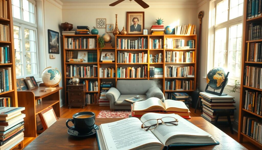 A cozy, sun-drenched study filled with an eclectic array of lifelong learning resources. In the foreground, a wooden desk hosts an open book, a pair of glasses, and a cup of steaming tea. Bookshelves line the walls, brimming with volumes on diverse subjects - from philosophy and science to arts and languages. Strategically placed around the room, educational tools such as globes, maps, and tablets suggest a commitment to continuous growth and discovery. Soft, natural lighting filters through large windows, creating a serene, contemplative atmosphere. The overall scene conveys a sense of intellectual curiosity, a passion for knowledge, and a dedication to lifelong learning. A cozy, sun-drenched study filled with an eclectic array of lifelong learning resources. In the foreground, a wooden desk hosts an open book, a pair of glasses, and a cup of steaming tea. Bookshelves line the walls, brimming with volumes on diverse subjects - from philosophy and science to arts and languages. Strategically placed around the room, educational tools such as globes, maps, and tablets suggest a commitment to continuous growth and discovery. Soft, natural lighting filters through large windows, creating a serene, contemplative atmosphere. The overall scene conveys a sense of intellectual curiosity, a passion for knowledge, and a dedication to lifelong learning.
