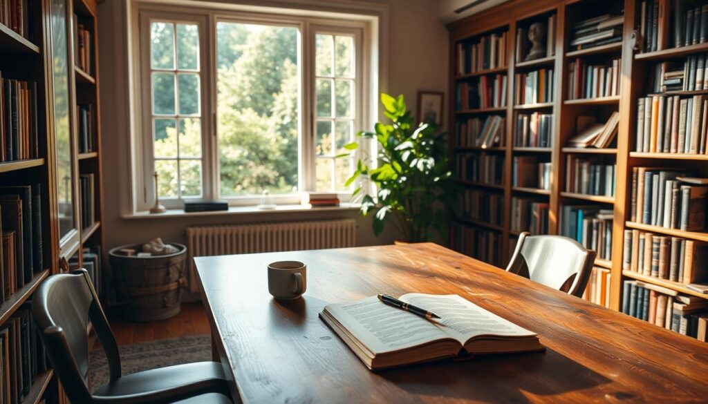 A cozy, sunlit study with bookshelves lining the walls, a large wooden desk in the center. On the desk, an open journal, a cup of coffee, and a pen resting atop a pile of notes. A window overlooking a lush, green garden, with soft, natural light filtering in. The study has a warm, contemplative atmosphere, conveying the process of an author finding inspiration through their writing and surroundings. The camera angle is slightly elevated, offering a glimpse into the author's creative space. A cozy, sunlit study with bookshelves lining the walls, a large wooden desk in the center. On the desk, an open journal, a cup of coffee, and a pen resting atop a pile of notes. A window overlooking a lush, green garden, with soft, natural light filtering in. The study has a warm, contemplative atmosphere, conveying the process of an author finding inspiration through their writing and surroundings. The camera angle is slightly elevated, offering a glimpse into the author's creative space.