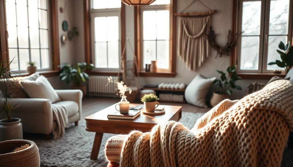 A cozy, well-lit living room filled with natural elements, warm lighting, and plush textures. In the foreground, a comfortable armchair with a soft knitted blanket draped over it, inviting the viewer to sink in and relax. In the middle ground, a wooden coffee table adorned with a potted plant, a steaming mug, and a few books. The background features large windows letting in soft, diffused sunlight, with minimalist, nature-inspired decor like a woven wall hanging or a piece of driftwood art. The overall atmosphere exudes a sense of tranquility, mindfulness, and wellness, capturing the essence of hygge. A cozy, well-lit living room filled with natural elements, warm lighting, and plush textures. In the foreground, a comfortable armchair with a soft knitted blanket draped over it, inviting the viewer to sink in and relax. In the middle ground, a wooden coffee table adorned with a potted plant, a steaming mug, and a few books. The background features large windows letting in soft, diffused sunlight, with minimalist, nature-inspired decor like a woven wall hanging or a piece of driftwood art. The overall atmosphere exudes a sense of tranquility, mindfulness, and wellness, capturing the essence of hygge.