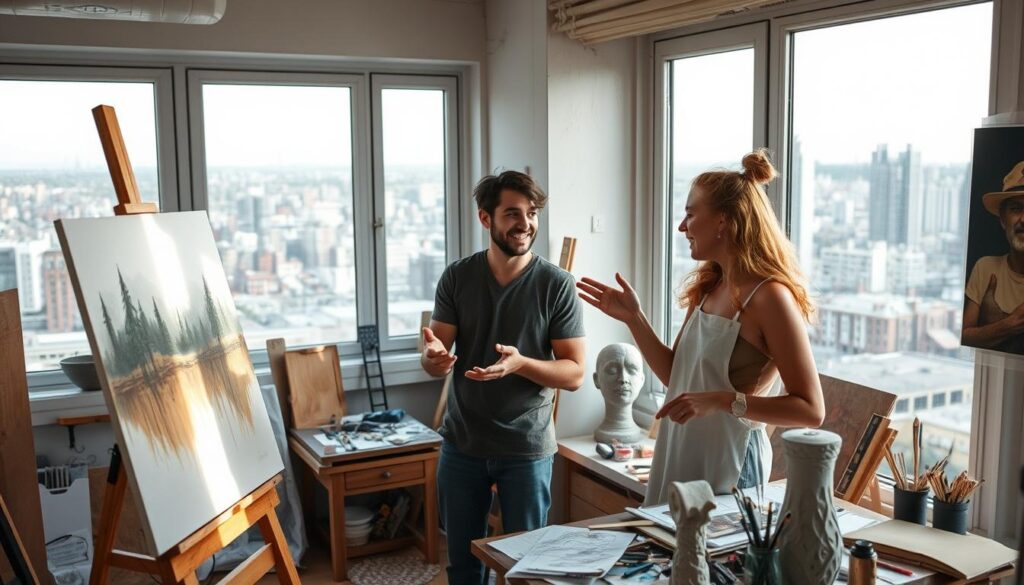 A cozy, well-lit studio space, with large windows overlooking a vibrant cityscape. Two artists, one painting and the other sculpting, are engaged in a lively discussion, their hands gesturing animatedly as they share ideas. The atmosphere is one of collaborative energy, with sketches, tools, and materials scattered across the workspace. Soft, diffused light filters in, casting a warm glow on the scene. The artists' expressions are focused yet joyful, embodying the spirit of creative collaboration. A cozy, well-lit studio space, with large windows overlooking a vibrant cityscape. Two artists, one painting and the other sculpting, are engaged in a lively discussion, their hands gesturing animatedly as they share ideas. The atmosphere is one of collaborative energy, with sketches, tools, and materials scattered across the workspace. Soft, diffused light filters in, casting a warm glow on the scene. The artists' expressions are focused yet joyful, embodying the spirit of creative collaboration.
