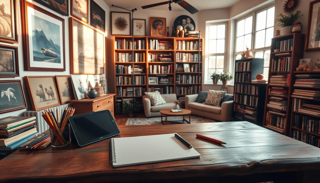 A cozy, well-lit study filled with an array of creative tools and resources. In the foreground, a rustic wooden desk holds a sketchpad, colored pencils, and a tablet with a stylus. Framed paintings and sketches adorn the walls, casting warm hues throughout the room. The middle ground features bookshelves brimming with volumes on art, design, and creative processes. In the background, large windows allow natural light to filter in, illuminating a small seating area with plush pillows and a potted plant. The overall atmosphere is one of inspiration and contemplation, encouraging deep, focused exploration of one's creative potential. A cozy, well-lit study filled with an array of creative tools and resources. In the foreground, a rustic wooden desk holds a sketchpad, colored pencils, and a tablet with a stylus. Framed paintings and sketches adorn the walls, casting warm hues throughout the room. The middle ground features bookshelves brimming with volumes on art, design, and creative processes. In the background, large windows allow natural light to filter in, illuminating a small seating area with plush pillows and a potted plant. The overall atmosphere is one of inspiration and contemplation, encouraging deep, focused exploration of one's creative potential.