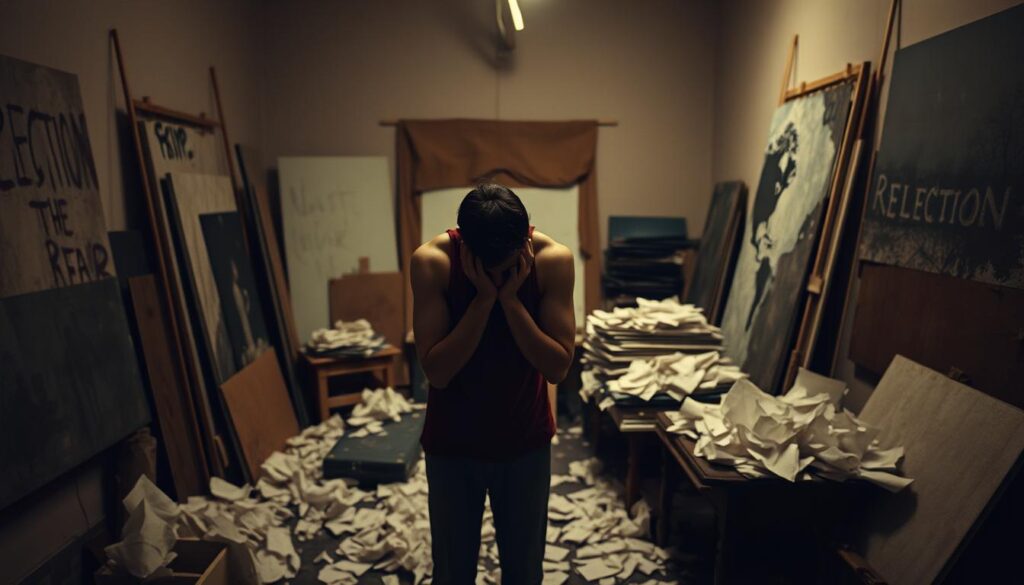 A dejected artist, shoulders hunched, stands amidst crumpled rejection letters, their face buried in their hands. The dimly lit studio is cluttered with half-finished canvases, casting ominous shadows. The artist's work lays strewn about, a testament to the emotional turmoil and self-doubt brought on by repeated rejection. An unsettling atmosphere pervades, the artist's despair palpable. Warm, muted tones create a somber, introspective mood, heightening the sense of isolation and creative anguish. A narrow depth of field draws the viewer's focus to the artist's despondent figure, emphasizing the profound impact of rejection on their artistic journey. A dejected artist, shoulders hunched, stands amidst crumpled rejection letters, their face buried in their hands. The dimly lit studio is cluttered with half-finished canvases, casting ominous shadows. The artist's work lays strewn about, a testament to the emotional turmoil and self-doubt brought on by repeated rejection. An unsettling atmosphere pervades, the artist's despair palpable. Warm, muted tones create a somber, introspective mood, heightening the sense of isolation and creative anguish. A narrow depth of field draws the viewer's focus to the artist's despondent figure, emphasizing the profound impact of rejection on their artistic journey.