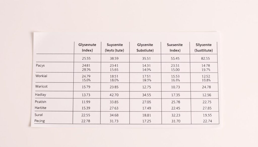 A detailed comparison chart showcasing the glycemic index levels of various sugar substitutes. The chart is set against a clean, minimalist background, with each substitute depicted as a clear, vibrant icon or symbol. The layout is organized and visually balanced, with the substitutes arranged in a grid or table format. The lighting is soft and diffused, creating a warm, inviting atmosphere. The overall tone is educational and informative, with a focus on providing clear, concise data to help the viewer understand the nutritional profiles of common sugar alternatives.
