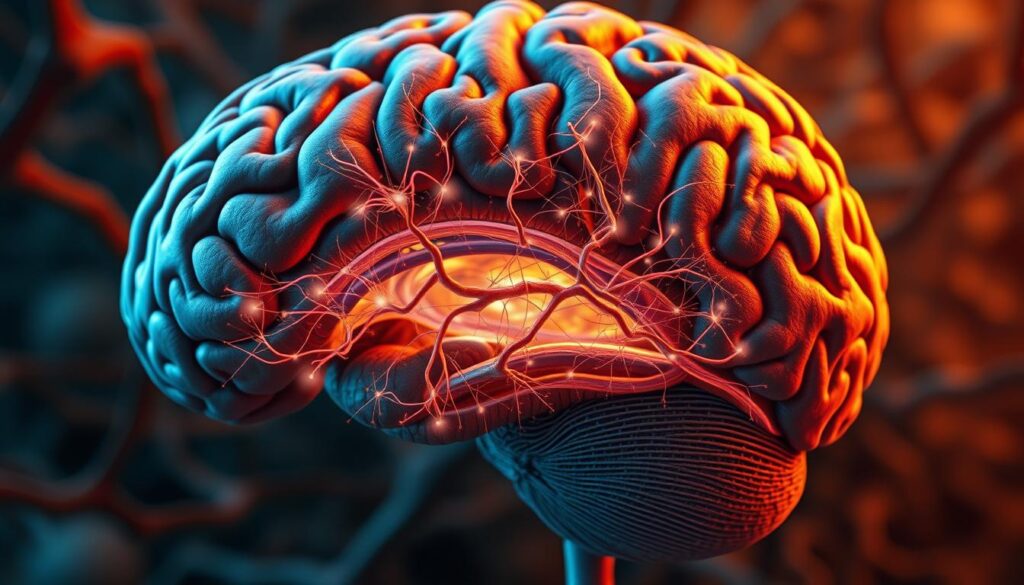 A detailed, cross-sectional view of the human brain, showcasing the intricate neural pathways and synaptic connections involved in habit formation. The foreground depicts a focus on the prefrontal cortex, the region responsible for executive function and decision-making, with a visually striking network of neurons and synapses pulsing with activity. The middle ground reveals the limbic system, the emotional and motivational center of the brain, intertwining with the habit-forming mechanisms. The background subtly fades into a neural landscape, hinting at the broader neurological processes that underlie the establishment and reinforcement of habitual behaviors. The image is rendered with a scientific, analytical aesthetic, utilizing a warm, earthy color palette and precise, high-resolution details to convey the complex, yet elegantly organized, nature of habit formation in the brain.