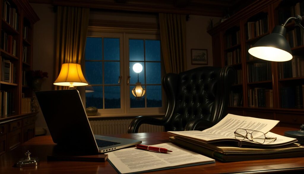 A dimly lit, cozy home office with a large wooden desk, a high-backed leather chair, and a pair of reading lamps casting a warm glow. In the foreground, a laptop and a stack of printed pages, along with a red pen and a pair of reading glasses, suggesting an intensive editing session. Bookshelves line the walls, adding a sense of scholarly atmosphere. Through the window, a view of a moonlit, rainy night, creating a contemplative, introspective mood. The overall scene conveys the focus, dedication, and meticulous attention to detail required in the editing and revision process. A dimly lit, cozy home office with a large wooden desk, a high-backed leather chair, and a pair of reading lamps casting a warm glow. In the foreground, a laptop and a stack of printed pages, along with a red pen and a pair of reading glasses, suggesting an intensive editing session. Bookshelves line the walls, adding a sense of scholarly atmosphere. Through the window, a view of a moonlit, rainy night, creating a contemplative, introspective mood. The overall scene conveys the focus, dedication, and meticulous attention to detail required in the editing and revision process.