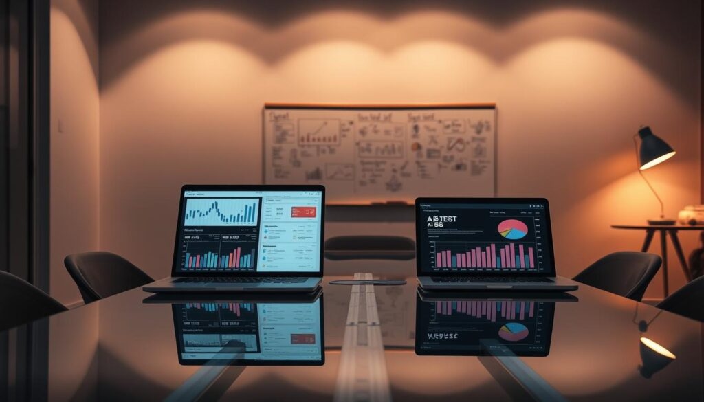 A dimly lit office space with a glass conference table in the foreground. On the table, two laptops display data visualizations and charts, representing the A/B test results. Soft, warm lighting illuminates the scene, casting gentle shadows on the walls. In the background, a whiteboard covered in sketches and notes on marketing strategies. The atmosphere is one of focused analysis and strategic decision-making, as the team collaborates to optimize their marketing efforts. A dimly lit office space with a glass conference table in the foreground. On the table, two laptops display data visualizations and charts, representing the A/B test results. Soft, warm lighting illuminates the scene, casting gentle shadows on the walls. In the background, a whiteboard covered in sketches and notes on marketing strategies. The atmosphere is one of focused analysis and strategic decision-making, as the team collaborates to optimize their marketing efforts.