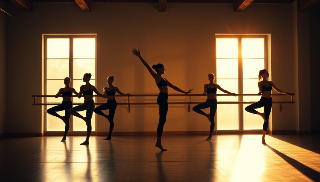 A dimly lit studio with warm, golden lighting filtering in through large windows. The foreground features a group of women elegantly performing a barre workout, their bodies gracefully flowing through a series of controlled movements, balancing on one leg while the other extends behind them. In the middle ground, a wooden barre runs along the wall, providing support as the dancers engage their core and leg muscles. The background showcases a minimalist, modern interior design with clean lines and neutral tones, creating a serene and focused atmosphere conducive to the practice of this fusion of dance and fitness.