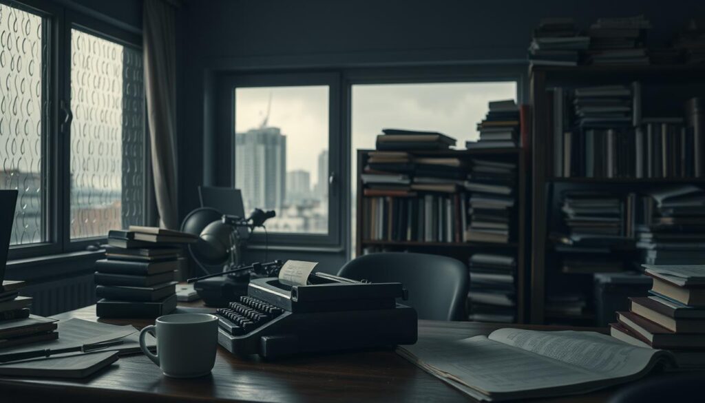 A dimly lit writer's study with a sense of creative struggle and uncertainty. In the foreground, a cluttered desk with a tarnished typewriter and a half-empty cup of coffee, hinting at the late nights and frustrations of the self-publishing process. The middle ground features a bookshelf overflowing with manuscripts and reference materials, symbolizing the overwhelming workload. In the background, a window showcases a gloomy, rain-streaked cityscape, evoking the isolation and loneliness that can accompany self-publishing. Soft, dramatic lighting casts shadows across the scene, creating a moody, introspective atmosphere. The overall composition suggests the challenges and doubts that can arise when new authors navigate the complexities of self-publishing.