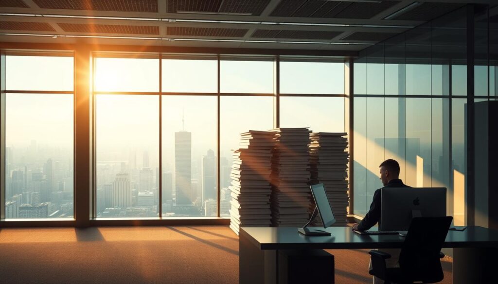 A gleaming, high-tech office space, its sleek lines and minimalist aesthetic creating an atmosphere of efficiency and productivity. In the center, a towering stack of document folders, each neatly labeled and arranged, symbolizing the power of task batching. Beams of warm, directional lighting illuminate the scene, casting long shadows that convey a sense of focused determination. Against the backdrop of a vast, panoramic window overlooking a bustling city skyline, a lone figure, their face obscured, stands at a cutting-edge workstation, their fingers dancing across a keyboard as they orchestrate the seamless flow of tasks. The overall impression is one of meticulous organization, streamlined workflows, and the relentless pursuit of professional excellence.