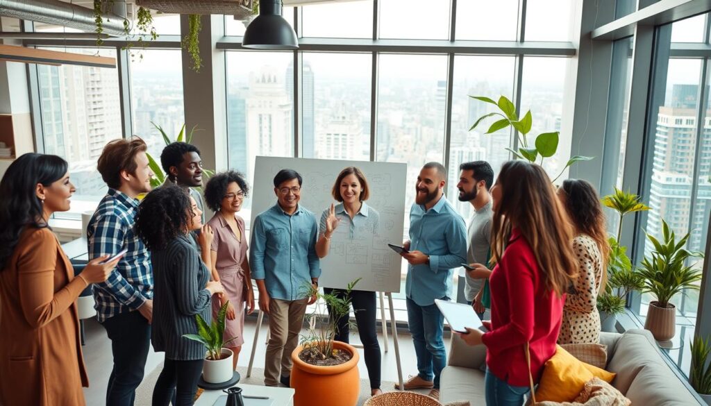 A group of diverse individuals gathered in a vibrant, well-lit collaborative workspace. The foreground features a team of people brainstorming and sketching ideas on a large whiteboard, their expressions animated and engaged. The middle ground showcases a blend of modern furniture, potted plants, and sleek technological devices, creating a stimulating yet focused environment. In the background, floor-to-ceiling windows offer a panoramic view of a bustling urban cityscape, hinting at the larger context and inspiration that fuels this innovative thinking. The overall atmosphere is one of synergy, creativity, and the power of collective problem-solving. A group of diverse individuals gathered in a vibrant, well-lit collaborative workspace. The foreground features a team of people brainstorming and sketching ideas on a large whiteboard, their expressions animated and engaged. The middle ground showcases a blend of modern furniture, potted plants, and sleek technological devices, creating a stimulating yet focused environment. In the background, floor-to-ceiling windows offer a panoramic view of a bustling urban cityscape, hinting at the larger context and inspiration that fuels this innovative thinking. The overall atmosphere is one of synergy, creativity, and the power of collective problem-solving.