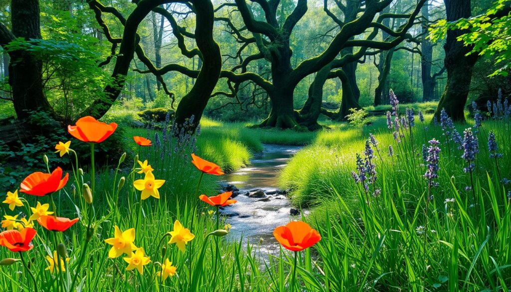 A lush, verdant forest glade bathed in soft, diffused sunlight filtering through the canopy above. In the foreground, a vibrant array of wildflowers sway gently in a light breeze - crimson poppies, sunshine-yellow daffodils, and delicate lavender blooms. The middle ground reveals a meandering stream, its crystal-clear waters reflecting the surrounding foliage. In the distance, ancient, moss-covered trees rise up, their twisted branches creating a sense of timeless tranquility. The overall scene exudes a feeling of serene, natural harmony, inviting the viewer to slow down and appreciate the beauty of the ordinary, everyday world. A lush, verdant forest glade bathed in soft, diffused sunlight filtering through the canopy above. In the foreground, a vibrant array of wildflowers sway gently in a light breeze - crimson poppies, sunshine-yellow daffodils, and delicate lavender blooms. The middle ground reveals a meandering stream, its crystal-clear waters reflecting the surrounding foliage. In the distance, ancient, moss-covered trees rise up, their twisted branches creating a sense of timeless tranquility. The overall scene exudes a feeling of serene, natural harmony, inviting the viewer to slow down and appreciate the beauty of the ordinary, everyday world.