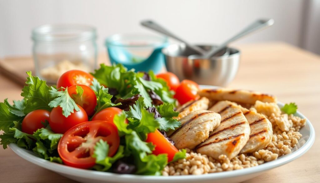 A meticulously arranged plate showcasing a balanced meal plan. In the foreground, an array of vibrant, freshly-prepared ingredients: crisp leafy greens, juicy tomatoes, lean protein such as grilled chicken, and a sprinkle of whole grains. The middle ground features a set of measuring cups and spoons, symbolizing portion control and precise nutritional balance. In the background, a soft, natural lighting illuminates the scene, creating a warm, inviting atmosphere. The overall composition conveys a sense of harmony, wellness, and a mindful approach to nourishing the body.