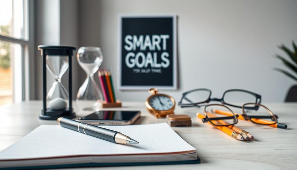 A meticulously arranged still life capturing the essential tools for effective goal setting. In the foreground, a pristine notebook with a ballpoint pen, an hourglass, and a set of sharpened colored pencils. The middle ground showcases a sleek smartphone, a small brass compass, and a pair of reading glasses. In the background, a motivational poster with the words "SMART GOALS" hangs on the wall, illuminated by soft, natural lighting from a large window. The overall atmosphere exudes focus, organization, and a sense of purposeful productivity. A meticulously arranged still life capturing the essential tools for effective goal setting. In the foreground, a pristine notebook with a ballpoint pen, an hourglass, and a set of sharpened colored pencils. The middle ground showcases a sleek smartphone, a small brass compass, and a pair of reading glasses. In the background, a motivational poster with the words "SMART GOALS" hangs on the wall, illuminated by soft, natural lighting from a large window. The overall atmosphere exudes focus, organization, and a sense of purposeful productivity.
