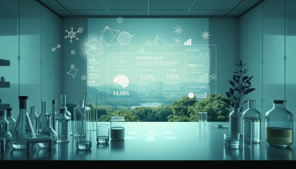 A meticulously detailed research overview showcasing the scientific principles behind adaptogens. The foreground depicts a clean, minimalist laboratory setup with various glassware, test tubes, and scientific instruments arranged in a precise, organized manner. Intricate diagrams and molecular models hover in the air, illuminated by a soft, diffuse lighting that casts subtle shadows. The middle ground features a large, holographic display presenting key findings, statistics, and insights from adaptogen research studies, rendered in a sophisticated, data-driven style. The background reveals a panoramic view of a serene, natural setting, symbolizing the connection between modern science and the ancient wisdom of herbal remedies. The overall atmosphere conveys a sense of intellectual rigor, innovation, and the pursuit of deeper understanding of these remarkable botanical compounds. A meticulously detailed research overview showcasing the scientific principles behind adaptogens. The foreground depicts a clean, minimalist laboratory setup with various glassware, test tubes, and scientific instruments arranged in a precise, organized manner. Intricate diagrams and molecular models hover in the air, illuminated by a soft, diffuse lighting that casts subtle shadows. The middle ground features a large, holographic display presenting key findings, statistics, and insights from adaptogen research studies, rendered in a sophisticated, data-driven style. The background reveals a panoramic view of a serene, natural setting, symbolizing the connection between modern science and the ancient wisdom of herbal remedies. The overall atmosphere conveys a sense of intellectual rigor, innovation, and the pursuit of deeper understanding of these remarkable botanical compounds.