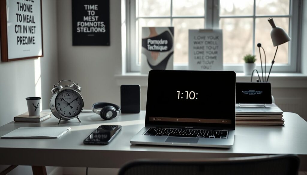 A meticulously organized workspace with a minimalist aesthetic, softly illuminated by natural light filtering through large windows. On the desk, an elegant analog clock, a pair of noise-cancelling headphones, and a smartphone in Do Not Disturb mode. In the foreground, a laptop displaying the Pomodoro Technique's iconic tomato-shaped timer, its ticking rhythm the only sound interrupting the peaceful stillness. The walls are adorned with motivational artwork and productivity-themed digital displays, creating a serene yet focused environment conducive to deep work and overcoming procrastination.