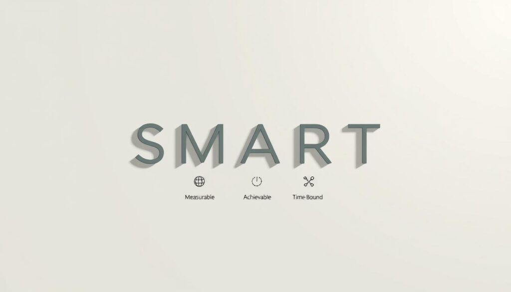 A minimalist, elegant illustration of the SMART Goals framework. The foreground features a clean, geometric design with the letters "SMART" in a modern, sans-serif font, each letter representing a core principle: Specific, Measurable, Achievable, Relevant, and Time-Bound. The middle ground showcases a series of simple icons or symbols that visually represent these concepts. The background is a soft, muted gradient, creating a calming, professional atmosphere that allows the SMART framework to take center stage. Soft, directional lighting casts subtle shadows, adding depth and dimension to the overall composition. The image conveys a sense of structure, clarity, and purpose - the essential qualities of effective goal-setting. A minimalist, elegant illustration of the SMART Goals framework. The foreground features a clean, geometric design with the letters "SMART" in a modern, sans-serif font, each letter representing a core principle: Specific, Measurable, Achievable, Relevant, and Time-Bound. The middle ground showcases a series of simple icons or symbols that visually represent these concepts. The background is a soft, muted gradient, creating a calming, professional atmosphere that allows the SMART framework to take center stage. Soft, directional lighting casts subtle shadows, adding depth and dimension to the overall composition. The image conveys a sense of structure, clarity, and purpose - the essential qualities of effective goal-setting.