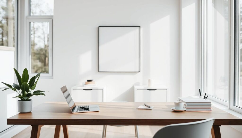 A minimalist, well-organized workspace with abundant natural light streaming through large windows. A sleek wooden desk with clean lines, neatly arranged essentials like a laptop, a plant, and a cup of coffee. The background features a simple, uncluttered wall with a modern, monochromatic art piece. Soft, diffused lighting creates a serene, focused atmosphere, inspiring creativity and productivity. The overall scene conveys a sense of harmony, focus, and an unencumbered mindset, perfect for the "Decluttering for Creativity" section of the article. A minimalist, well-organized workspace with abundant natural light streaming through large windows. A sleek wooden desk with clean lines, neatly arranged essentials like a laptop, a plant, and a cup of coffee. The background features a simple, uncluttered wall with a modern, monochromatic art piece. Soft, diffused lighting creates a serene, focused atmosphere, inspiring creativity and productivity. The overall scene conveys a sense of harmony, focus, and an unencumbered mindset, perfect for the "Decluttering for Creativity" section of the article.