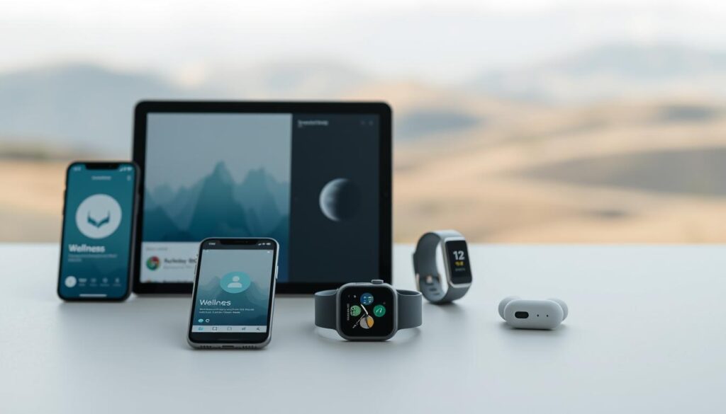 A minimalist yet visually striking composition depicting a collection of digital wellness tools. In the foreground, a sleek smartphone, tablet, and smartwatch are neatly arranged, their screens displaying wellness-focused apps and interfaces. The middle ground features a pair of wireless noise-cancelling headphones and a simple fitness tracker, all in a muted, calming color palette. The background showcases a serene, blurred landscape with a soft, natural lighting effect, creating a sense of tranquility and balance. The overall mood is one of simplicity, focus, and digital mindfulness. A minimalist yet visually striking composition depicting a collection of digital wellness tools. In the foreground, a sleek smartphone, tablet, and smartwatch are neatly arranged, their screens displaying wellness-focused apps and interfaces. The middle ground features a pair of wireless noise-cancelling headphones and a simple fitness tracker, all in a muted, calming color palette. The background showcases a serene, blurred landscape with a soft, natural lighting effect, creating a sense of tranquility and balance. The overall mood is one of simplicity, focus, and digital mindfulness.