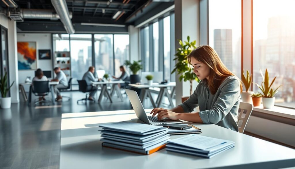 A modern, airy office space with large windows overlooking a bustling city skyline. In the foreground, a young professional sits at a sleek, minimalist desk, intently curating digital assets on their laptop. Beside them, neatly organized folders and papers suggest the process of building an impressive portfolio. Soft, directional lighting creates a focused, productive atmosphere. In the middle ground, colleagues collaborate at neighboring desks, while the background depicts a vibrant, creative workspace filled with potted plants, abstract art, and the occasional pop of color. The overall scene conveys a sense of ambition, skill, and the thoughtful curation of one's professional identity. A modern, airy office space with large windows overlooking a bustling city skyline. In the foreground, a young professional sits at a sleek, minimalist desk, intently curating digital assets on their laptop. Beside them, neatly organized folders and papers suggest the process of building an impressive portfolio. Soft, directional lighting creates a focused, productive atmosphere. In the middle ground, colleagues collaborate at neighboring desks, while the background depicts a vibrant, creative workspace filled with potted plants, abstract art, and the occasional pop of color. The overall scene conveys a sense of ambition, skill, and the thoughtful curation of one's professional identity.
