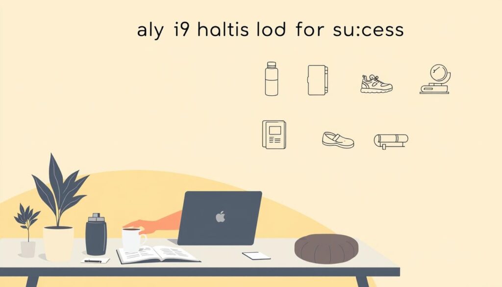 A modern, minimalist illustration of daily habits for success. In the foreground, a person sitting at a desk, working intently on a laptop, surrounded by organizational tools like a planner, a cup of coffee, and a succulent plant. The middle ground features a series of lifestyle icons representing healthy habits - a water bottle, running shoes, a book, and a meditation cushion. The background is a clean, warm-toned gradient, lending a sense of focus and tranquility. Soft, natural lighting casts a gentle glow over the scene, emphasizing the importance of balance and self-care in achieving one's goals. A modern, minimalist illustration of daily habits for success. In the foreground, a person sitting at a desk, working intently on a laptop, surrounded by organizational tools like a planner, a cup of coffee, and a succulent plant. The middle ground features a series of lifestyle icons representing healthy habits - a water bottle, running shoes, a book, and a meditation cushion. The background is a clean, warm-toned gradient, lending a sense of focus and tranquility. Soft, natural lighting casts a gentle glow over the scene, emphasizing the importance of balance and self-care in achieving one's goals.