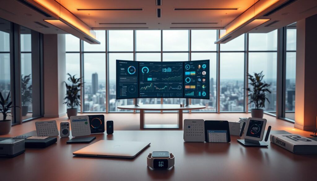 A modern, minimalist office interior with a large desk and an array of productivity tracking devices. In the foreground, a sleek laptop and a compact fitness tracker sit atop the desk. Surrounding them, various task management tools and digital calendars are neatly arranged, creating a sense of organized efficiency. The middle ground features a standing desk with a curved monitor displaying various productivity metrics and graphs. Warm, indirect lighting from overhead fixtures casts a serene glow, while the background showcases floor-to-ceiling windows offering a panoramic city skyline view. An atmosphere of focus, control, and optimization pervades the scene.
