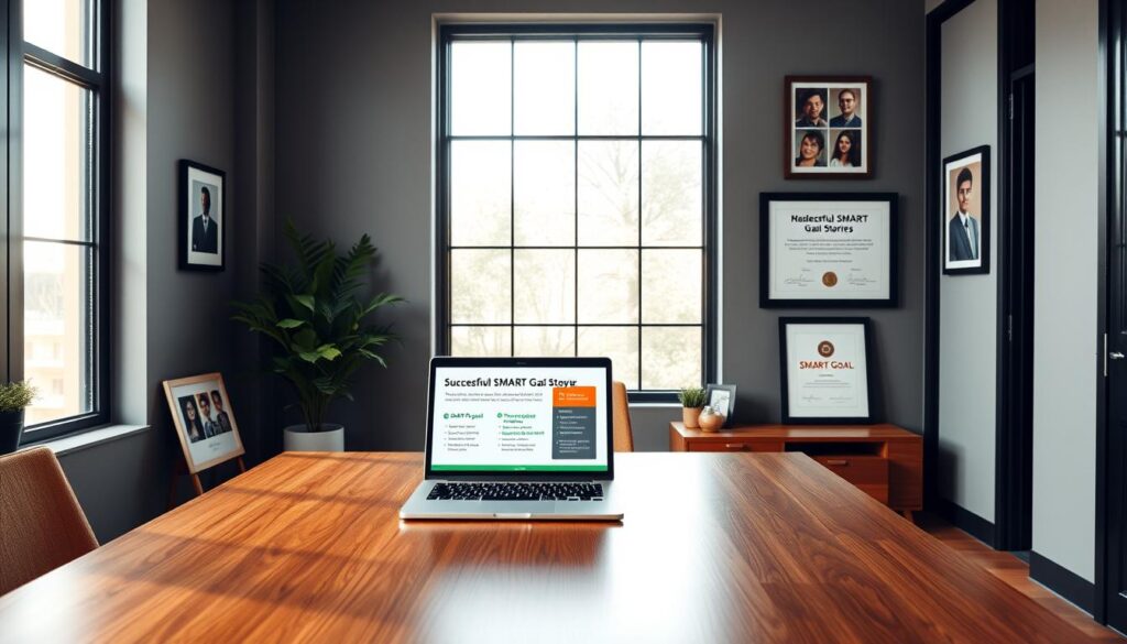 A modern office space with a large window, allowing natural light to filter in. On a sleek wooden desk, a laptop displays a presentation slide showcasing successful SMART goal stories. Around the desk, inspirational framed photographs and certificates hang on the walls, highlighting the achievements of individuals who have set and accomplished their SMART objectives. The room has a sense of professionalism and productivity, with minimalist decor and a warm, inviting atmosphere. The scene conveys the power of SMART goal setting in driving personal and professional growth. A modern office space with a large window, allowing natural light to filter in. On a sleek wooden desk, a laptop displays a presentation slide showcasing successful SMART goal stories. Around the desk, inspirational framed photographs and certificates hang on the walls, highlighting the achievements of individuals who have set and accomplished their SMART objectives. The room has a sense of professionalism and productivity, with minimalist decor and a warm, inviting atmosphere. The scene conveys the power of SMART goal setting in driving personal and professional growth.