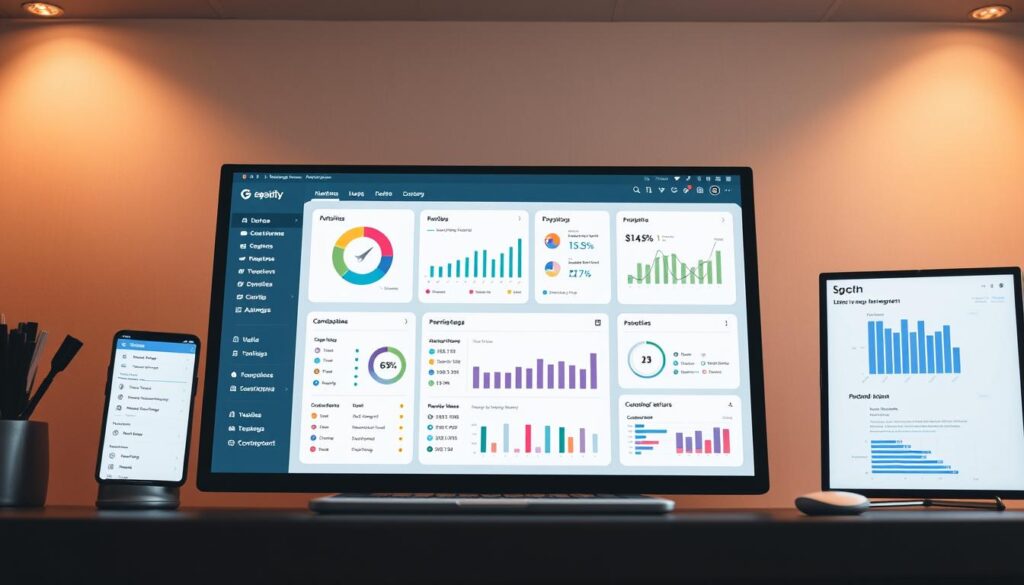 A modern, sleek knowledge management system interface, showcasing a clean dashboard with intuitive data visualization tools and organized information panels. The scene is lit by warm, directional lighting, creating depth and highlighting key elements. The composition is balanced, with the main components positioned in a visually pleasing layout. The overall mood is one of efficiency, organization, and easy access to valuable knowledge resources.
