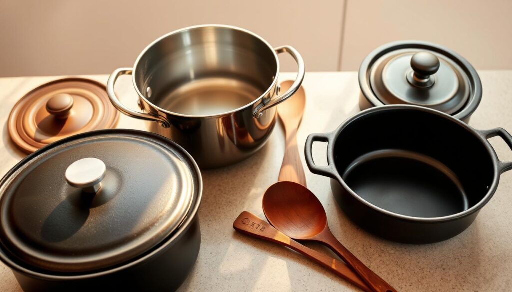 A neatly arranged assortment of essential cookware for one-pot meals, bathed in warm, natural lighting and captured from an overhead angle. In the foreground, a sturdy cast-iron Dutch oven, its matte black surface glistening, sits alongside a heavy-duty stainless-steel stock pot and a thick-bottomed ceramic casserole dish. In the middle ground, a set of versatile cooking utensils, including a long-handled wooden spoon, a silicone spatula, and a stainless-steel ladle, are carefully placed. The background features a minimalist, neutral-toned kitchen countertop, complementing the rustic, earthy tones of the cookware. A neatly arranged assortment of essential cookware for one-pot meals, bathed in warm, natural lighting and captured from an overhead angle. In the foreground, a sturdy cast-iron Dutch oven, its matte black surface glistening, sits alongside a heavy-duty stainless-steel stock pot and a thick-bottomed ceramic casserole dish. In the middle ground, a set of versatile cooking utensils, including a long-handled wooden spoon, a silicone spatula, and a stainless-steel ladle, are carefully placed. The background features a minimalist, neutral-toned kitchen countertop, complementing the rustic, earthy tones of the cookware.