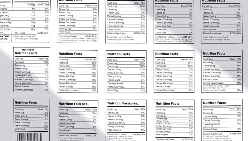 A neatly arranged grid of nutrition labels, each showcasing detailed information about the nutritional content of various food items. The labels are displayed against a clean, minimalist background, with soft, natural lighting illuminating the crisp, readable typography and precise graphical elements. The overall composition conveys a sense of clarity and organization, inviting the viewer to closely examine the details and understand the importance of interpreting nutrition facts for making informed, health-conscious decisions. A neatly arranged grid of nutrition labels, each showcasing detailed information about the nutritional content of various food items. The labels are displayed against a clean, minimalist background, with soft, natural lighting illuminating the crisp, readable typography and precise graphical elements. The overall composition conveys a sense of clarity and organization, inviting the viewer to closely examine the details and understand the importance of interpreting nutrition facts for making informed, health-conscious decisions.
