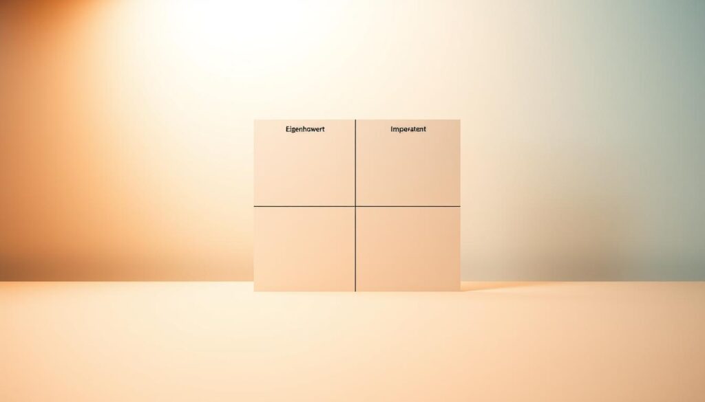 A neatly organized Eisenhower Matrix for time management, depicted against a minimalist, warm-toned background. The matrix consists of four quadrants, clearly delineated with crisp lines and labels. The foreground features a clean, geometric design with a muted color palette, emphasizing the matrix's functional nature. The middle ground showcases the four quadrants, each with representative icons or symbols to denote the different types of tasks - urgent and important, important but not urgent, urgent but not important, and neither urgent nor important. The background maintains a soft, atmospheric quality, creating a sense of focus and clarity. Subtle lighting from the top left casts a gentle glow, enhancing the overall sense of productivity and organization.