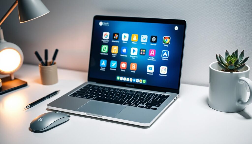 A neatly organized desk with a sleek laptop, a minimal wireless mouse, and a stylish pen holder. On the left, a clutter-free workspace with a minimalist desk lamp casting a warm glow. In the middle, a series of colorful, high-tech productivity apps displayed on the laptop screen, designed to streamline workflows. To the right, a succulent plant and a clean, modern mug add a touch of nature and sophistication. The overall scene conveys a sense of focus, efficiency, and a distraction-free environment conducive to maximum productivity. A neatly organized desk with a sleek laptop, a minimal wireless mouse, and a stylish pen holder. On the left, a clutter-free workspace with a minimalist desk lamp casting a warm glow. In the middle, a series of colorful, high-tech productivity apps displayed on the laptop screen, designed to streamline workflows. To the right, a succulent plant and a clean, modern mug add a touch of nature and sophistication. The overall scene conveys a sense of focus, efficiency, and a distraction-free environment conducive to maximum productivity.
