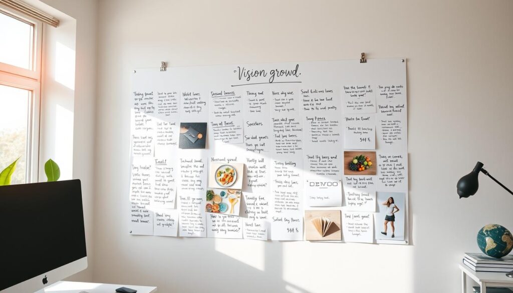 A neatly organized vision board in a well-lit, modern home office. The board features an array of handwritten personal goals, inspirational quotes, and images representing areas of growth - such as a diploma, a healthy meal, a globe, a book, and a fitness tracker. The board is pinned to a white wall with natural light streaming in from a large window, casting a warm, motivating glow. The overall scene conveys a sense of focus, clarity, and determination to embark on a transformative personal growth journey. A neatly organized vision board in a well-lit, modern home office. The board features an array of handwritten personal goals, inspirational quotes, and images representing areas of growth - such as a diploma, a healthy meal, a globe, a book, and a fitness tracker. The board is pinned to a white wall with natural light streaming in from a large window, casting a warm, motivating glow. The overall scene conveys a sense of focus, clarity, and determination to embark on a transformative personal growth journey.