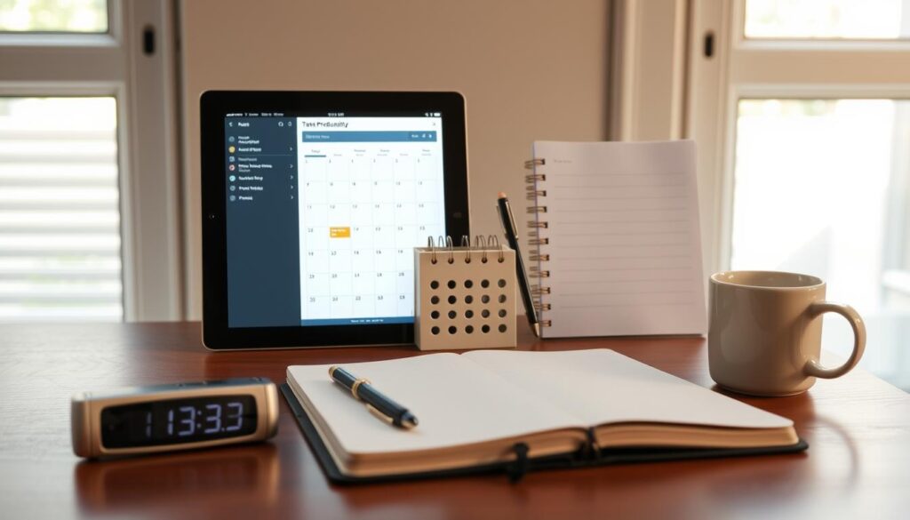 A neatly organized workspace featuring an array of productivity measurement tools. In the foreground, a sleek digital timer, a bullet journal, and a sophisticated task management app displayed on a tablet. In the middle ground, a stylized calendar, a pen holder, and a coffee mug, all arranged with precision. The background showcases a minimalist window with natural light filtering in, creating a serene and focused atmosphere. The overall composition conveys a sense of efficiency, attention to detail, and a commitment to optimizing one's workflow.