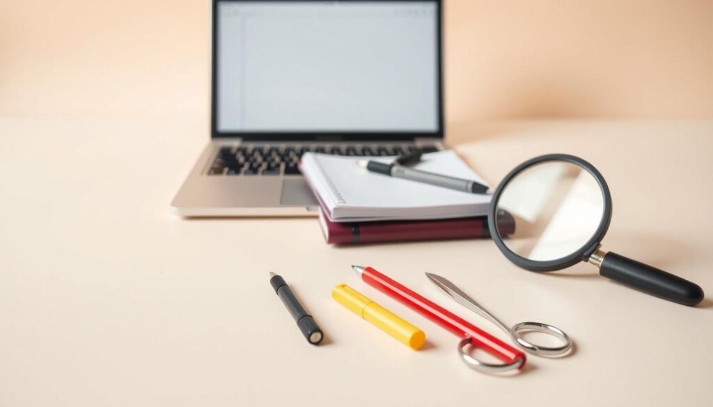 A neatly organized workspace with a sleek, minimalist aesthetic. In the foreground, an array of essential editing tools - a red pen, a pair of scissors, a highlighter, and a magnifying glass. In the middle ground, a laptop and a notebook with a pen resting atop, symbolizing the digital and analog aspects of the editing process. The background is a soft, neutral-toned surface, creating a clean, uncluttered environment that allows the tools to take center stage. Warm, natural lighting casts a gentle glow, emphasizing the tools' functionality and the care and attention required for effective editing and proofreading.