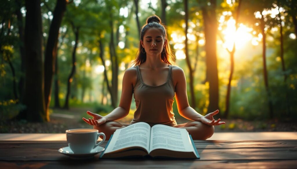 A peaceful, introspective scene depicting the psychological benefits of a keto lifestyle. In the foreground, a person sitting in a meditative lotus position, eyes closed, hands resting gently on their lap. Soft, warm lighting illuminates their serene expression, conveying a sense of inner calm and balance. In the middle ground, a table with a cup of herbal tea and a book about mindfulness practices. In the background, a tranquil forest scene, with sunlight filtering through the lush greenery, creating a serene and contemplative atmosphere. The overall mood is one of mindfulness, self-reflection, and the mental well-being that can be achieved through a disciplined, yet flexible, keto lifestyle. A peaceful, introspective scene depicting the psychological benefits of a keto lifestyle. In the foreground, a person sitting in a meditative lotus position, eyes closed, hands resting gently on their lap. Soft, warm lighting illuminates their serene expression, conveying a sense of inner calm and balance. In the middle ground, a table with a cup of herbal tea and a book about mindfulness practices. In the background, a tranquil forest scene, with sunlight filtering through the lush greenery, creating a serene and contemplative atmosphere. The overall mood is one of mindfulness, self-reflection, and the mental well-being that can be achieved through a disciplined, yet flexible, keto lifestyle.