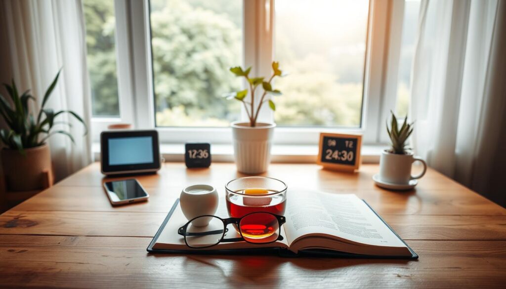 A peaceful, minimalist scene depicting various digital detox tips. In the foreground, an open book, a cup of tea, and a pair of glasses rest on a wooden table, symbolizing mindfulness and unplugging. The middle ground showcases a smartphone, digital clock, and a potted plant, representing a balanced approach to technology use. In the background, a serene window overlooks a lush, natural landscape, radiating a sense of tranquility. The lighting is soft and warm, creating a calming atmosphere. Shot with a wide-angle lens to capture the entire scene, this image conveys the essence of a successful digital detox. A peaceful, minimalist scene depicting various digital detox tips. In the foreground, an open book, a cup of tea, and a pair of glasses rest on a wooden table, symbolizing mindfulness and unplugging. The middle ground showcases a smartphone, digital clock, and a potted plant, representing a balanced approach to technology use. In the background, a serene window overlooks a lush, natural landscape, radiating a sense of tranquility. The lighting is soft and warm, creating a calming atmosphere. Shot with a wide-angle lens to capture the entire scene, this image conveys the essence of a successful digital detox.