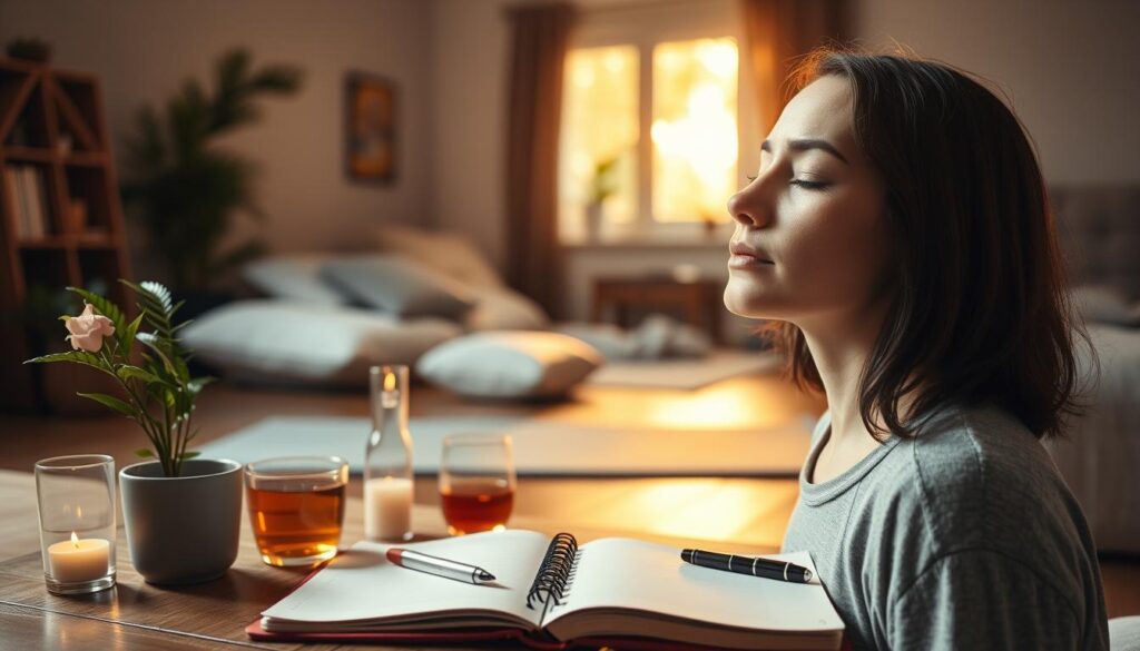 A peaceful, serene scene showcasing various stress relief techniques. In the foreground, a person practices deep breathing exercises, their eyes closed in a state of tranquility. Surrounding them, an array of calming elements - a potted plant, a cup of herbal tea, a scented candle, and a journal with a pen. The middle ground features a yoga mat and resistance bands, hinting at physical activities for stress reduction. In the background, a cozy, dimly lit room with warm, natural lighting emanating from a large window, creating a soothing ambiance. The overall atmosphere evokes a sense of mindfulness, relaxation, and self-care. A peaceful, serene scene showcasing various stress relief techniques. In the foreground, a person practices deep breathing exercises, their eyes closed in a state of tranquility. Surrounding them, an array of calming elements - a potted plant, a cup of herbal tea, a scented candle, and a journal with a pen. The middle ground features a yoga mat and resistance bands, hinting at physical activities for stress reduction. In the background, a cozy, dimly lit room with warm, natural lighting emanating from a large window, creating a soothing ambiance. The overall atmosphere evokes a sense of mindfulness, relaxation, and self-care.
