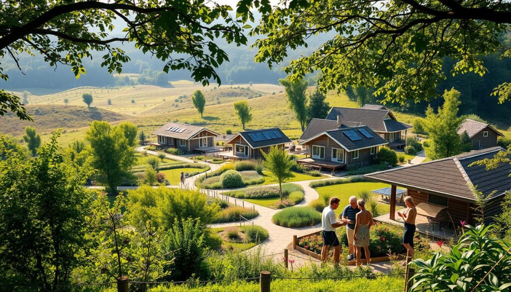 A peaceful, sun-dappled intentional living community nestled amidst lush, verdant landscapes. In the foreground, a group of residents gather around a shared garden, tending to plants and engaging in lively conversation. The middle ground features quaint, energy-efficient homes with solar panels and natural materials, blending seamlessly with the environment. In the background, winding paths lead to a central community hub, where residents can come together for workshops, shared meals, and social activities. Soft, natural lighting filters through the trees, creating a warm and inviting atmosphere that fosters a sense of belonging and connection. A peaceful, sun-dappled intentional living community nestled amidst lush, verdant landscapes. In the foreground, a group of residents gather around a shared garden, tending to plants and engaging in lively conversation. The middle ground features quaint, energy-efficient homes with solar panels and natural materials, blending seamlessly with the environment. In the background, winding paths lead to a central community hub, where residents can come together for workshops, shared meals, and social activities. Soft, natural lighting filters through the trees, creating a warm and inviting atmosphere that fosters a sense of belonging and connection.