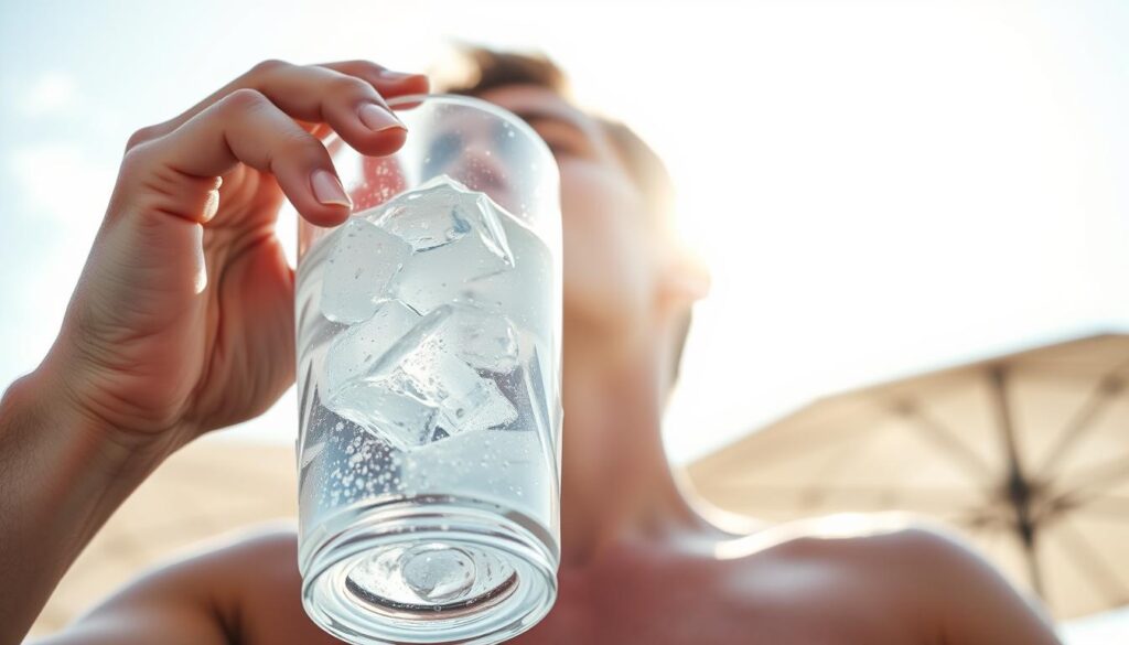 A person drinking cold water on a hot, sunny day. In the foreground, the individual's hands hold a clear glass filled with ice-cold water, condensation beading on the surface. The middle ground depicts the person's face, expression of relief and refreshment as they take a long, satisfying sip. The background shows a bright, cloudless sky with a scorching sun, emphasizing the contrast between the intense heat and the cooling hydration. The lighting is natural, with soft shadows accentuating the three-dimensional form. The angle is slightly elevated, creating a sense of the viewer observing this moment of refreshment and respite from the sweltering conditions.
